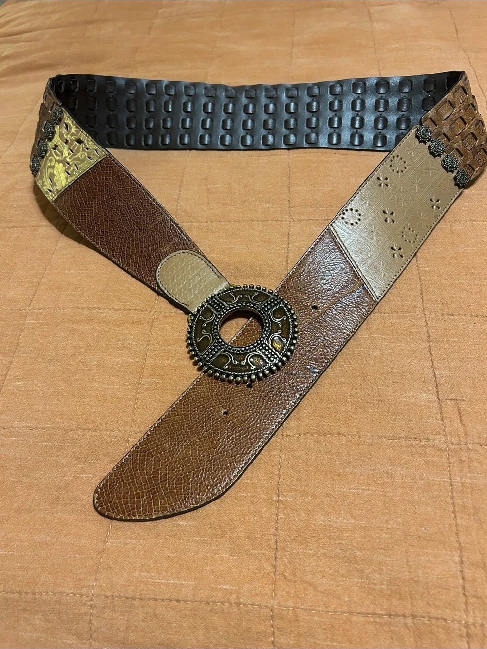 Chico's Wide Brown Leather Belt with Ornate Circular Buckle